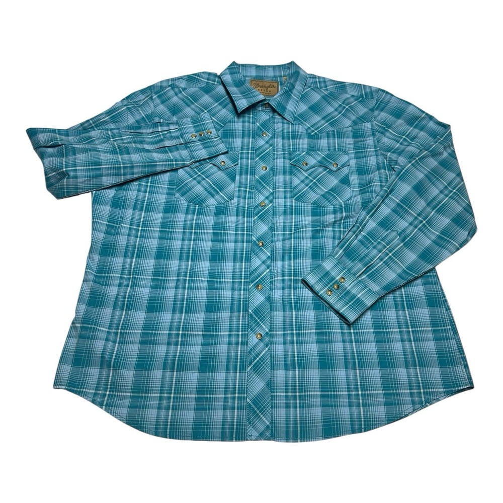 Wrangler Retro Western Shirt Mens‎ XXL Aqua Plaid Check Pearl Snap Long Sleeve